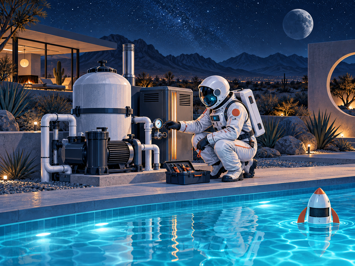 Illustrated astronaut technician inspecting pool equipment beside a glowing swimming pool