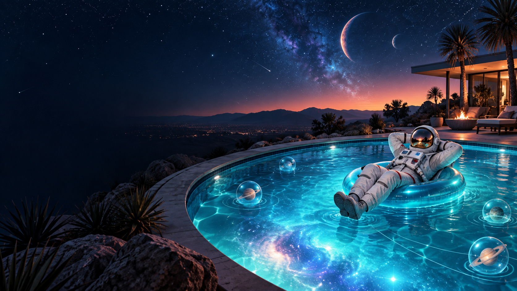 Illustrated astronaut relaxing on a pool float beneath a starry High Desert sky